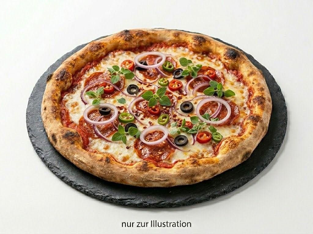 Symbolbild: Pizza Diavolo mit Salami, scharfen Pfefferoni und Zwiebel